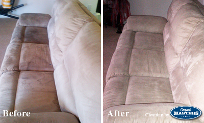 Couch before and after cleaning by Carpet Masters